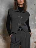 Chic Elegant Dark Grey Lapel Collar Metal Toggle Clasp Sleeveless Loose-Fit Knit Vest Top