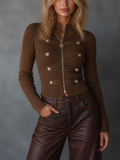 Chic Casual Brown Stand Collar Zipper-Front Military Button Long-Sleeve Slim-Fit Ribbed Knit Cardigan