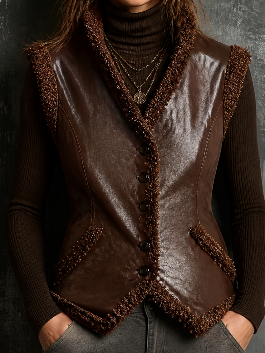 Chic Elegant Brown Stand Collar Single-Breasted Sleeveless Boucle Trim Slim-Fit Faux Leather Vest Top