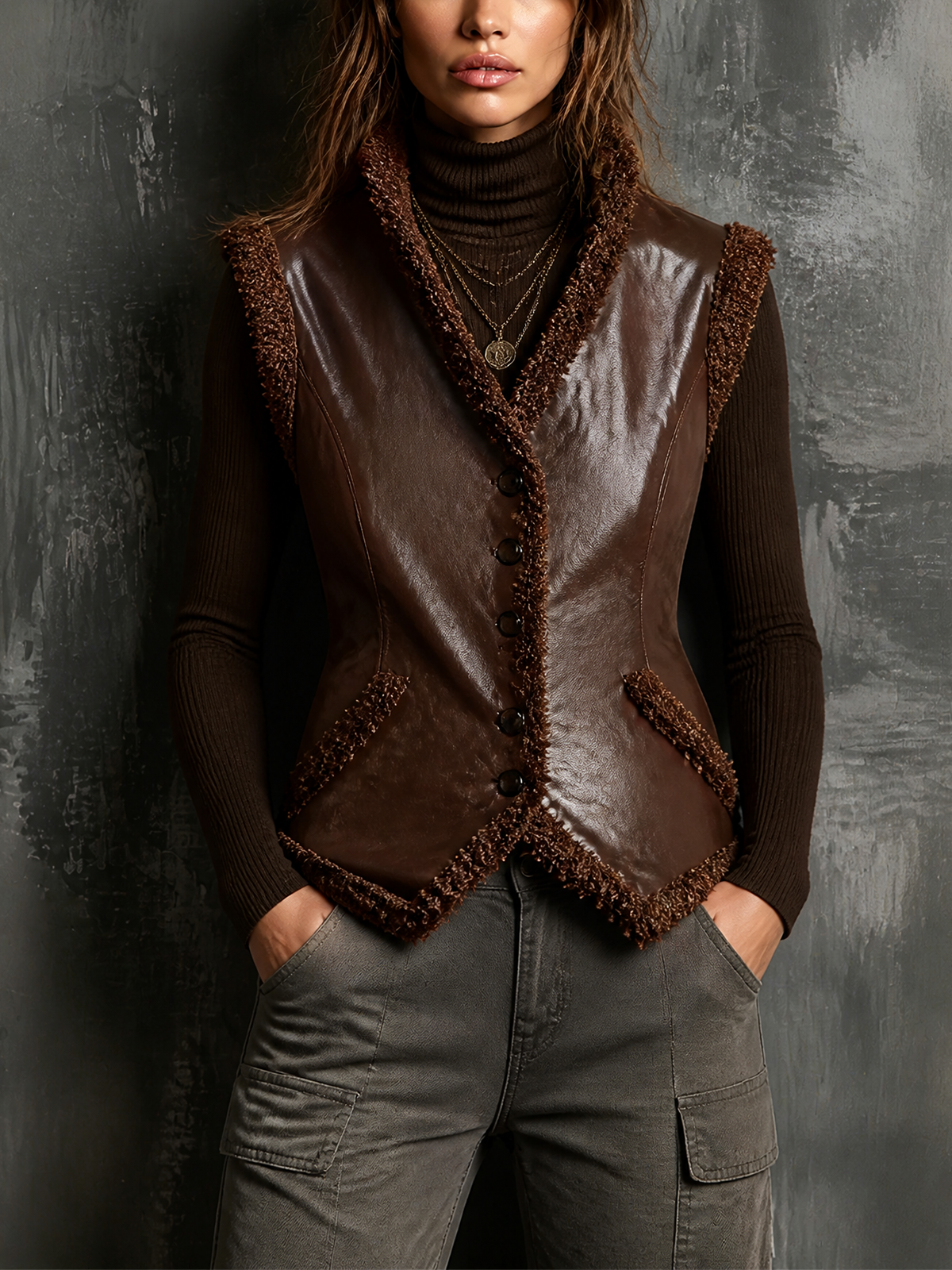 Chic Elegant Brown Stand Collar Single-Breasted Sleeveless Boucle Trim Slim-Fit Faux Leather Vest Top