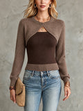 Chic Elegant Brown-Coffee Colorblock Round-Neck Long-Sleeve Slim-Fit Wool Blend Knit Faux Layer Sweater
