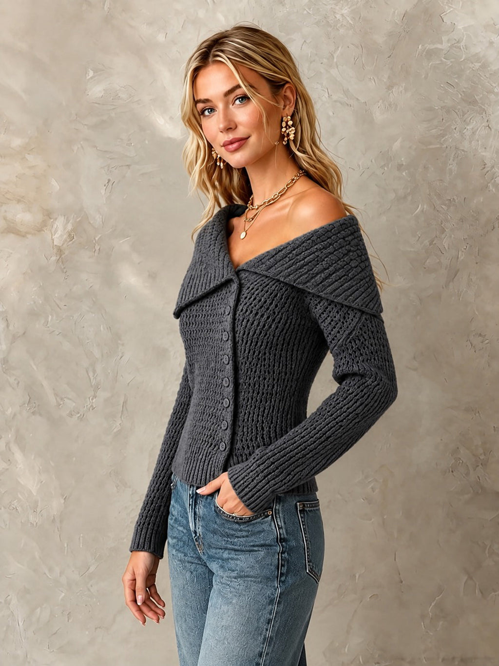 Chic Elegant Dark Gray Large Lapel Single-Breasted Long-Sleeve Slim-Fit Wool Blend Knit Cardigan