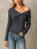 Chic Elegant Dark Gray Large Lapel Single-Breasted Long-Sleeve Slim-Fit Wool Blend Knit Cardigan