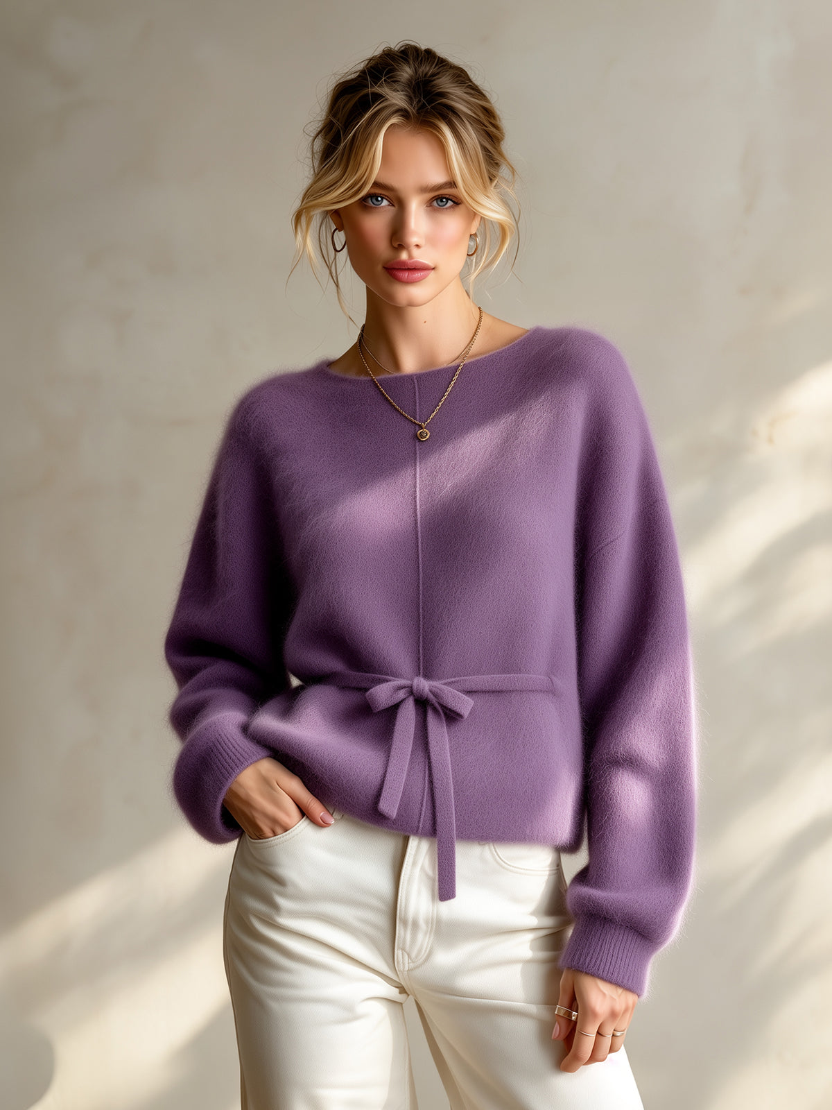 Chic Elegant Purple Round-Neck Dropped-Shoulder Long-Sleeve Belted Loose-Fit Mohair Blend Knit Sweater