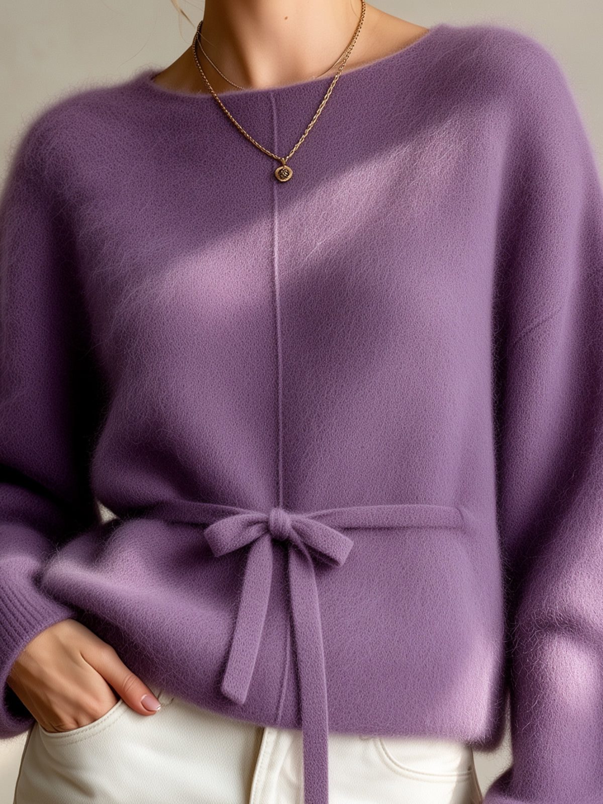 Chic Elegant Purple Round-Neck Dropped-Shoulder Long-Sleeve Belted Loose-Fit Mohair Blend Knit Sweater