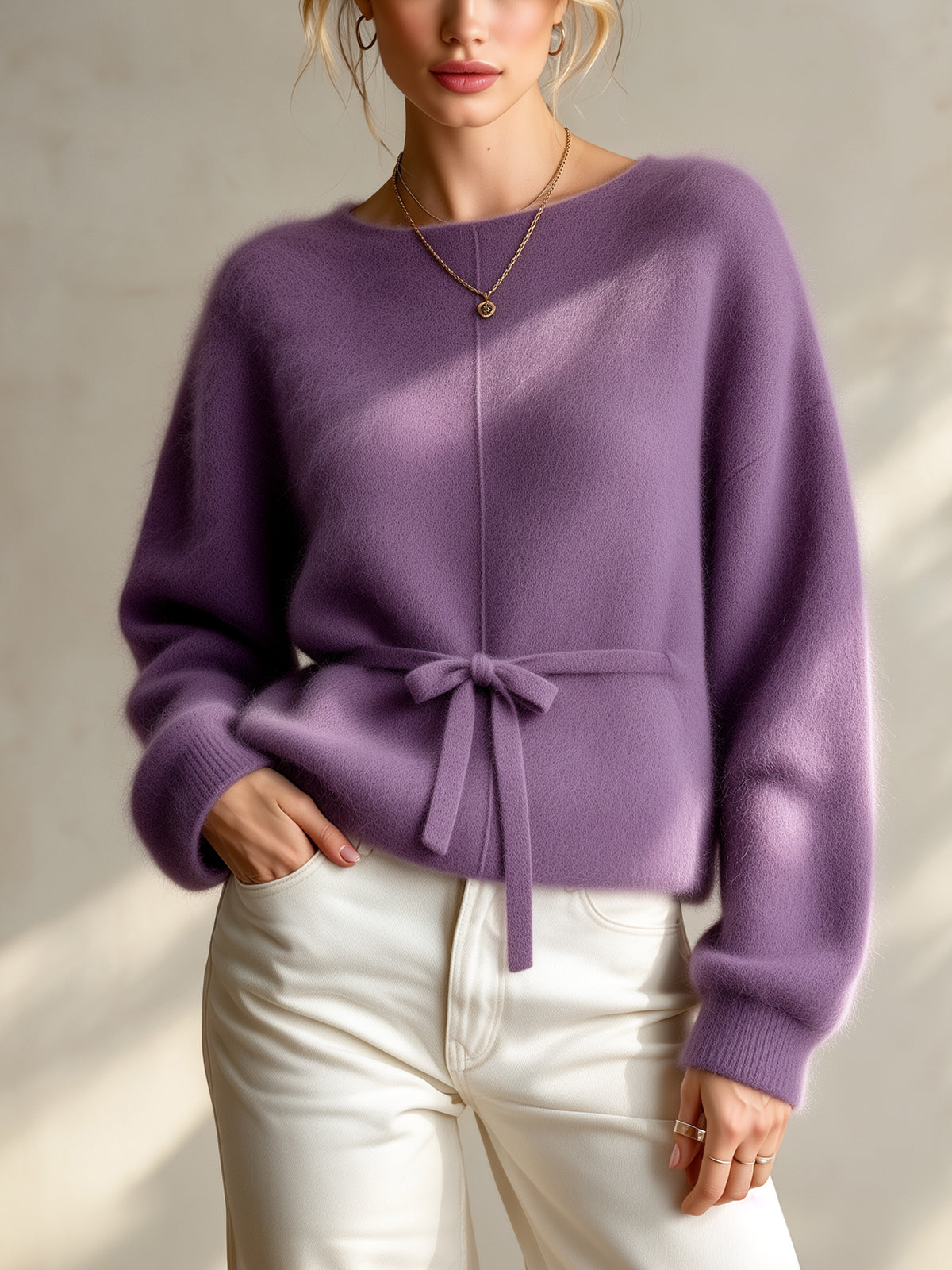 Chic Elegant Purple Round-Neck Dropped-Shoulder Long-Sleeve Belted Loose-Fit Mohair Blend Knit Sweater