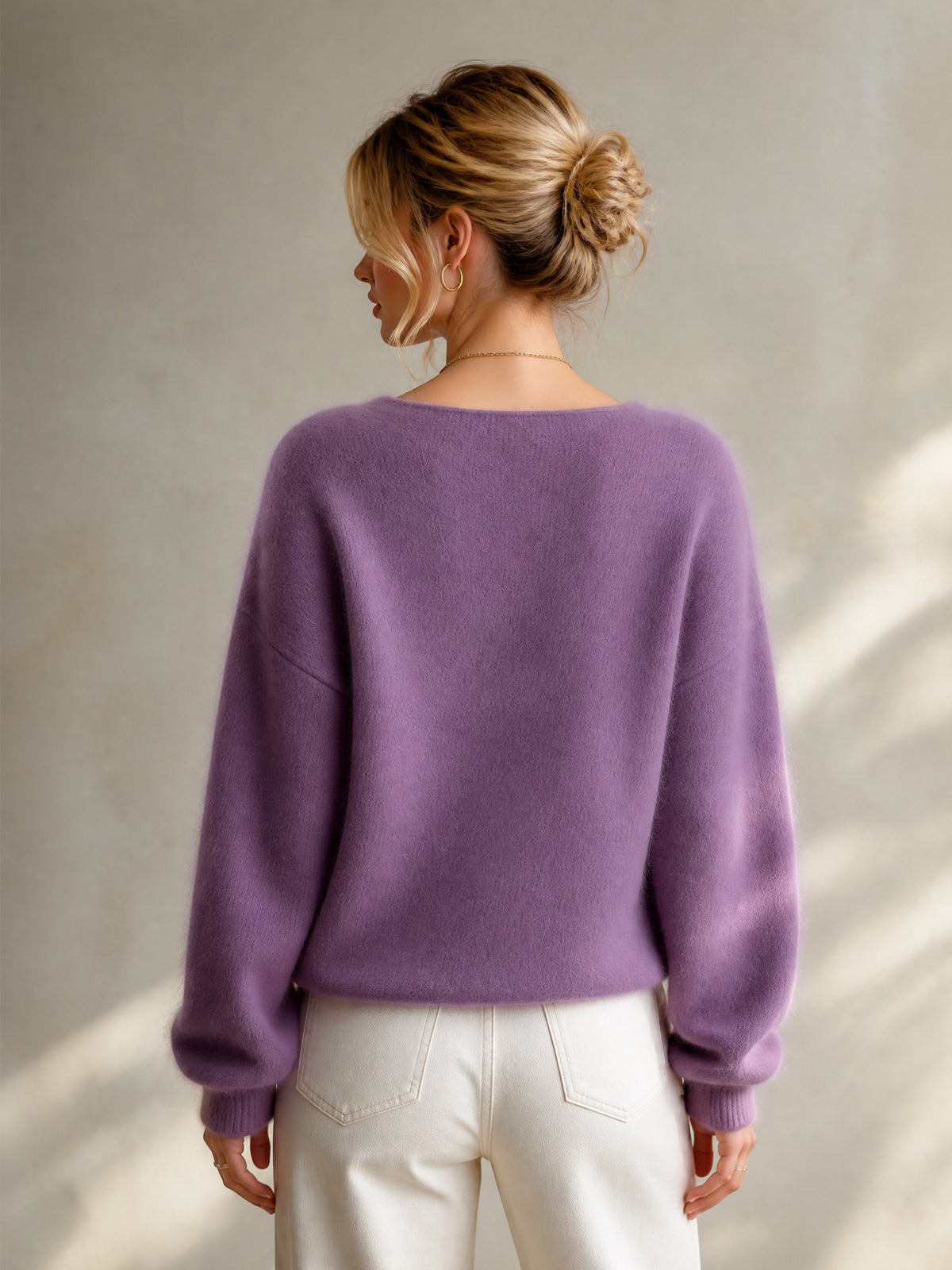 Chic Elegant Purple Round-Neck Dropped-Shoulder Long-Sleeve Belted Loose-Fit Mohair Blend Knit Sweater