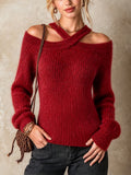 Chic Elegant Red Halter-Neck Off-The-Shoulder Long-Sleeve Slim-Fit Mohair Blend Ribbed Knit Sweater