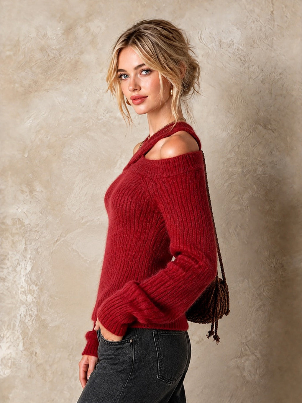 Chic Elegant Red Halter-Neck Off-The-Shoulder Long-Sleeve Slim-Fit Mohair Blend Ribbed Knit Sweater