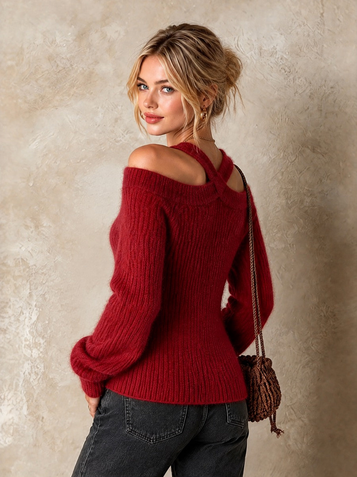 Chic Elegant Red Halter-Neck Off-The-Shoulder Long-Sleeve Slim-Fit Mohair Blend Ribbed Knit Sweater