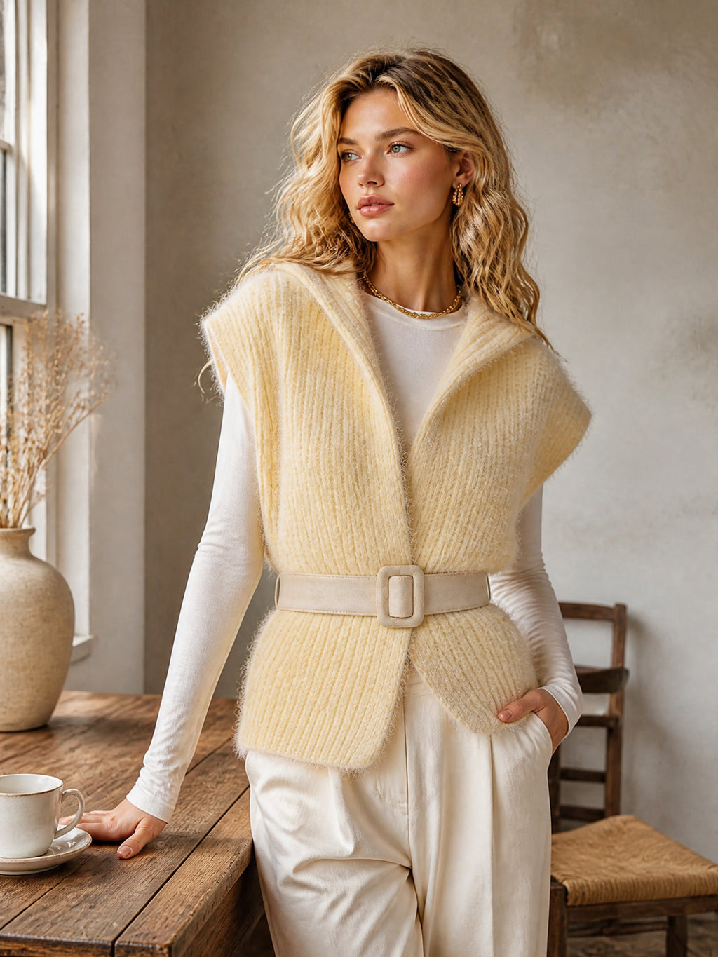 Chic Casual Pale Yellow Hooded Collar Sleeveless Open-Front Belted Mohair Blend Ribbed Knit Vest