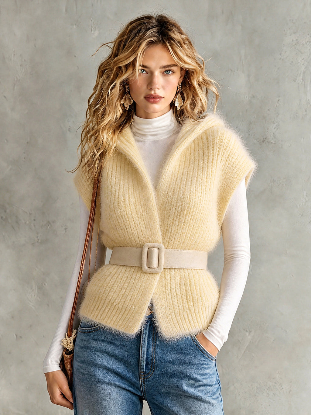 Chic Casual Pale Yellow Hooded Collar Sleeveless Open-Front Belted Mohair Blend Ribbed Knit Vest