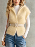 Chic Casual Pale Yellow Hooded Collar Sleeveless Open-Front Belted Mohair Blend Ribbed Knit Vest