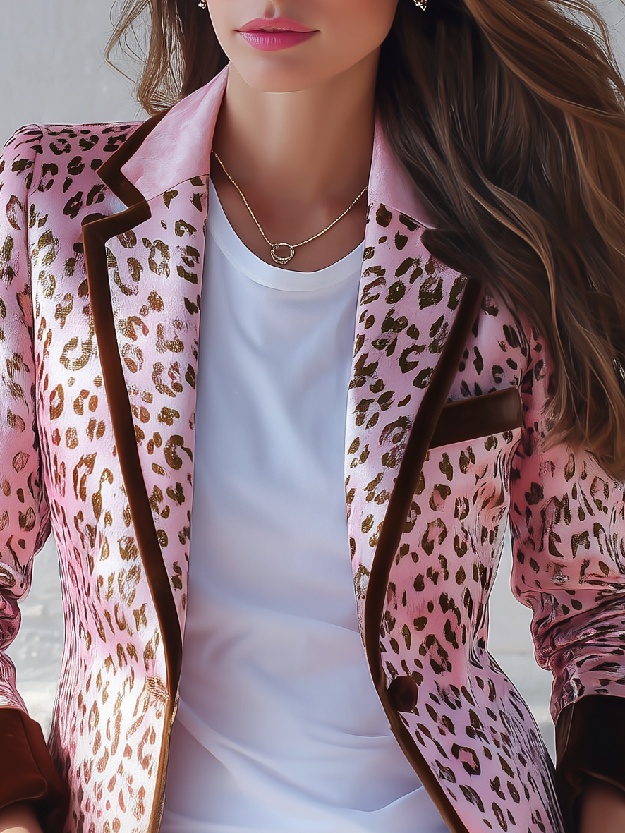 Retro-chic Leopard Print Color-blocked Trim Blazer