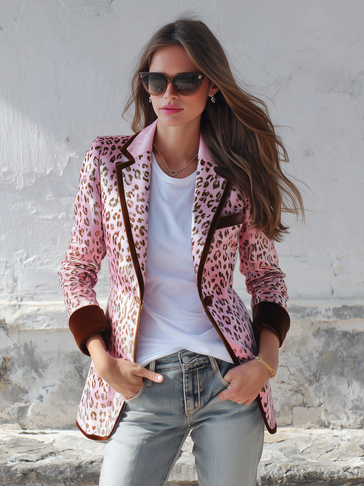 Retro-chic Leopard Print Color-blocked Trim Blazer