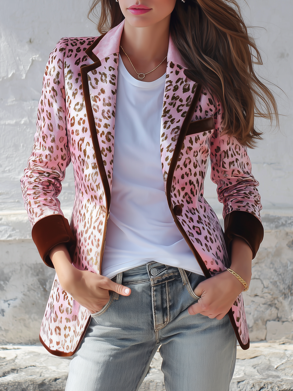 Retro-chic Leopard Print Color-blocked Trim Blazer