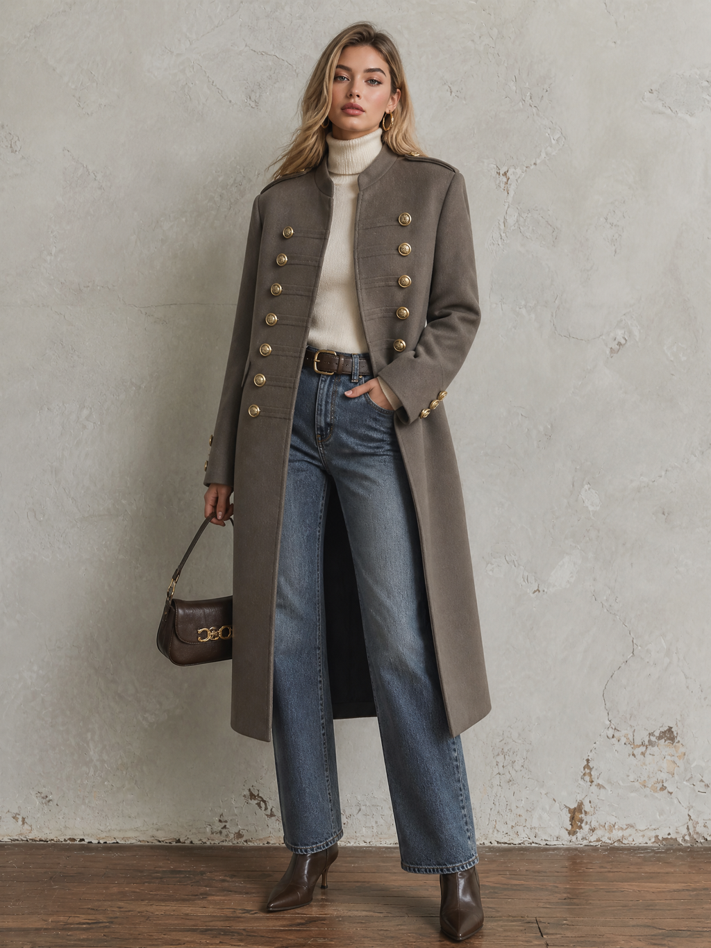 Chic Elegant Taupe Stand Collar Gold Double Breasted Long-Sleeve Military Style Loose-Fit Long Wool Blend Coat
