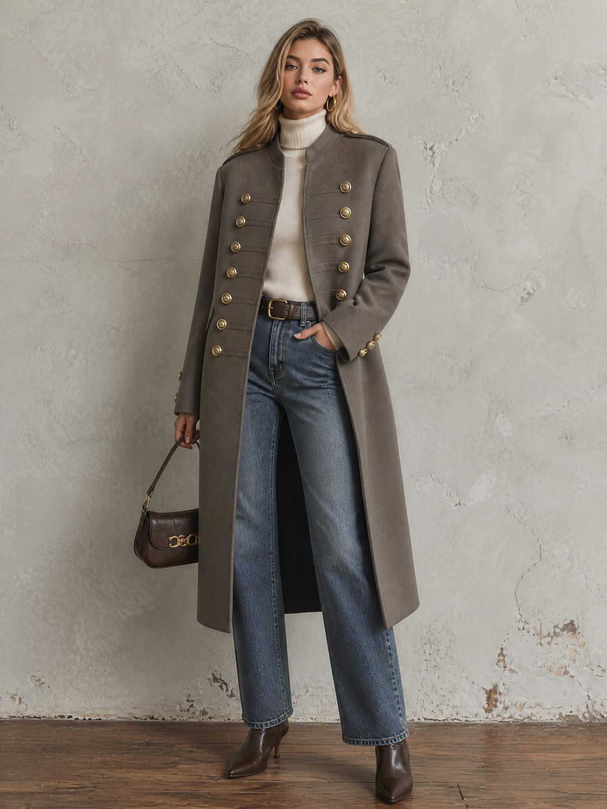 Chic Elegant Taupe Stand Collar Gold Double Breasted Long-Sleeve Military Style Loose-Fit Long Wool Blend Coat