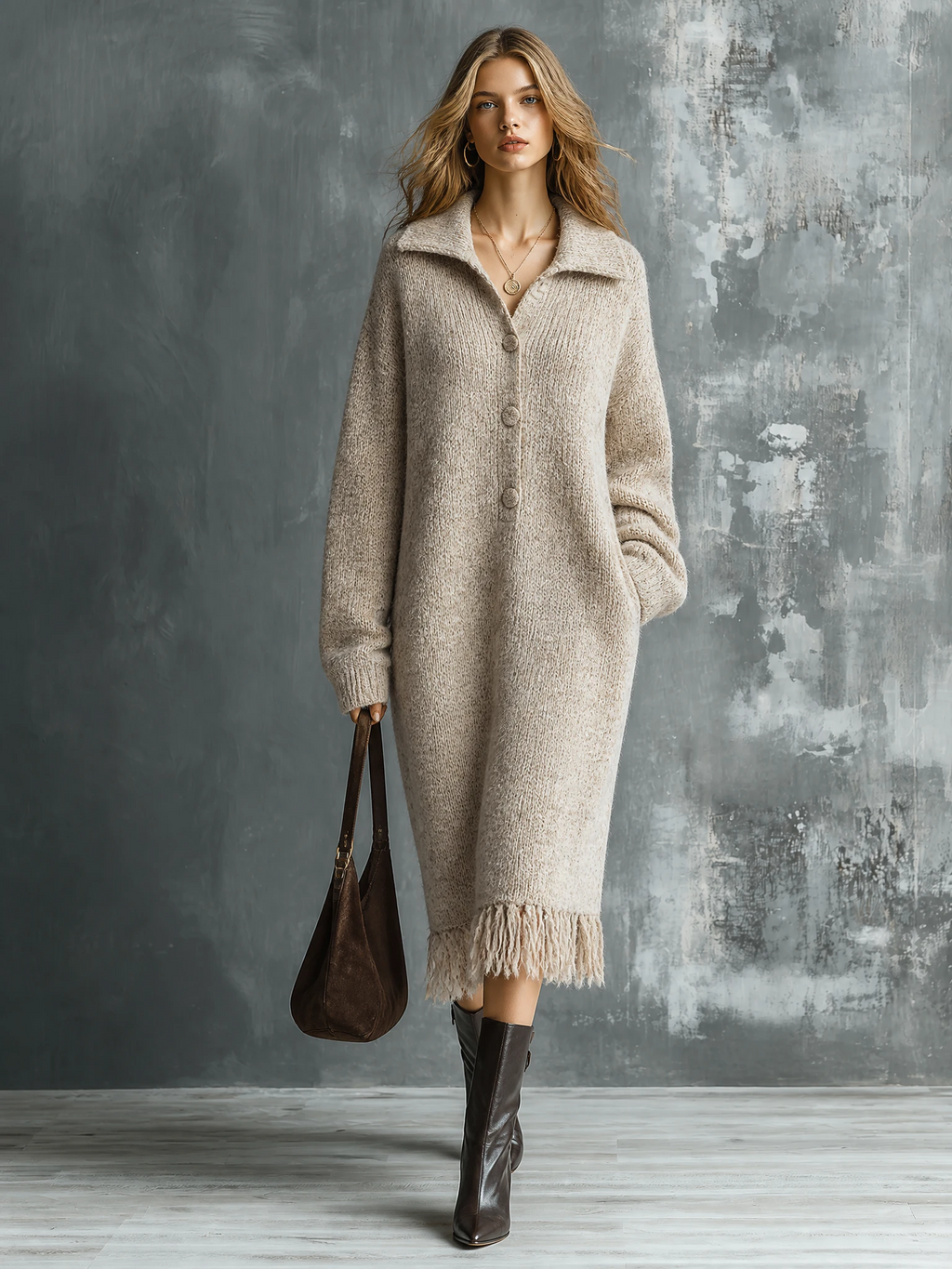 Chic Elegant Oatmeal Lapel Collar Half Button Long-Sleeve Fringe Hem Loose-Fit Knit Midi Dress