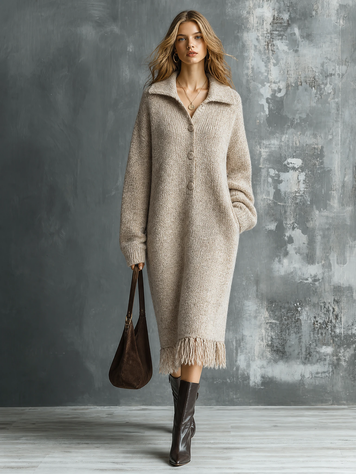 Chic Elegant Oatmeal Lapel Collar Half Button Long-Sleeve Fringe Hem Loose-Fit Knit Midi Dress
