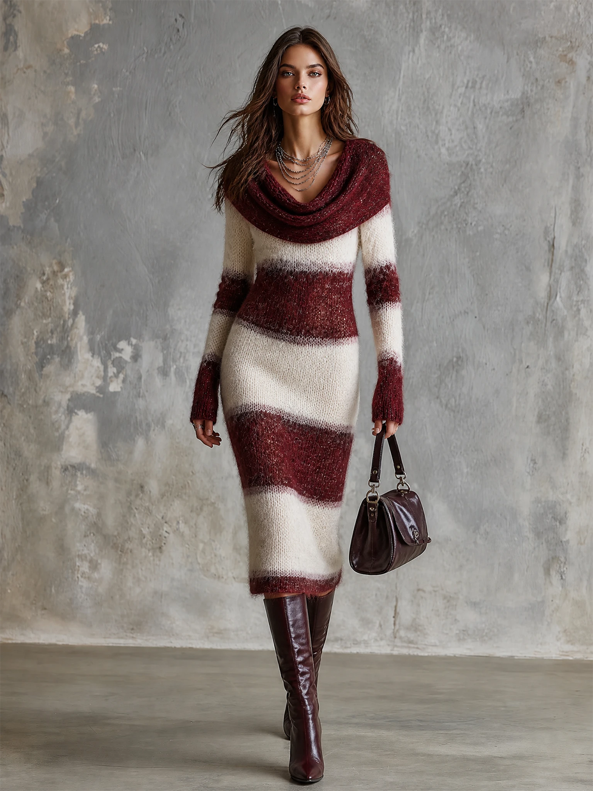 Chic Elegant White-Burgundy Stripes Cowl Neck Long-Sleeve Slim-Fit Fuzzy Mohair Blend Knit Midi Dress
