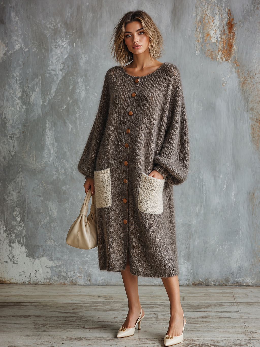 Chic Casual Heather Taupe Round Neck Single-Breasted Long-Sleeve Contrast Patch Pockets Loose-Fit Fuzzy Knit Midi Dress