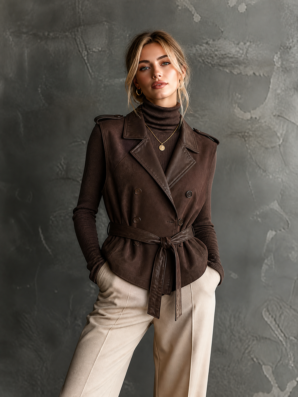 Chic Casual Brown Notched Lapel Collar Faux Leather Contrast Double Breasted Sleeveless Waist Belt Slim-Fit Suede Vest
