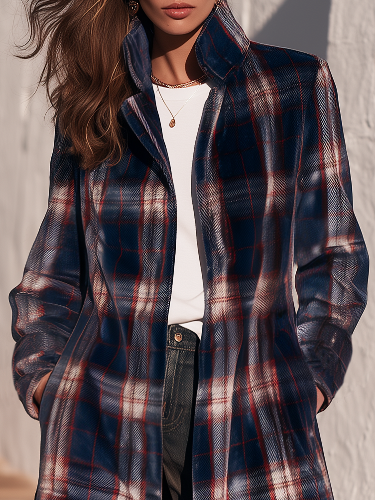 Retro Plaid Stand-up Collar Velvet Coat