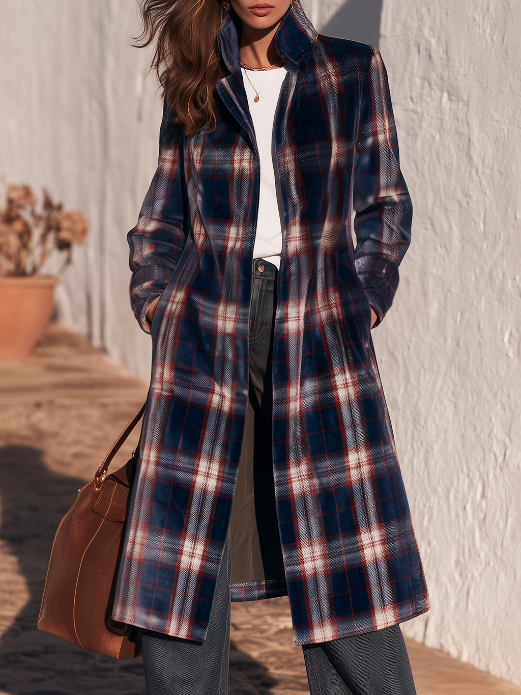 Retro Plaid Stand-up Collar Velvet Coat