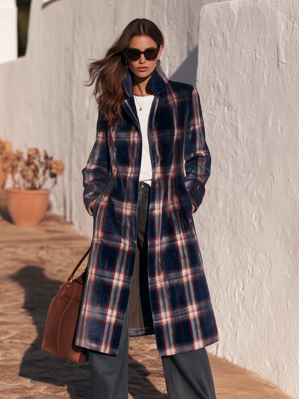 Retro Plaid Stand-up Collar Velvet Coat