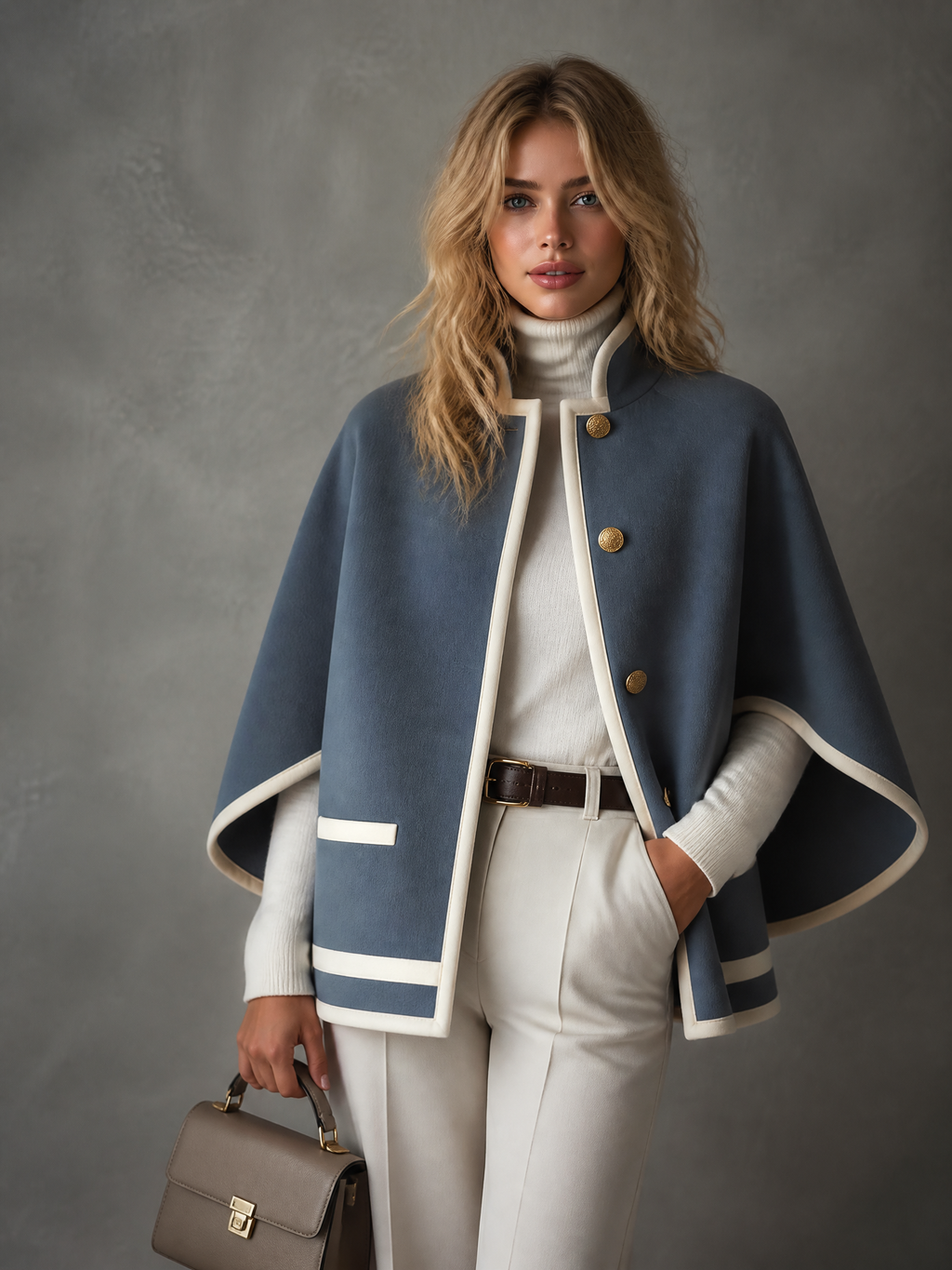 Chic Elegant Dusty Blue Stand Collar Single-Breasted Contrast Trim Loose-Fit Wool Blend Cape Coat