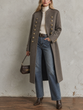 Chic Elegant Taupe Stand Collar Gold Double Breasted Long-Sleeve Military Style Loose-Fit Long Wool Blend Coat