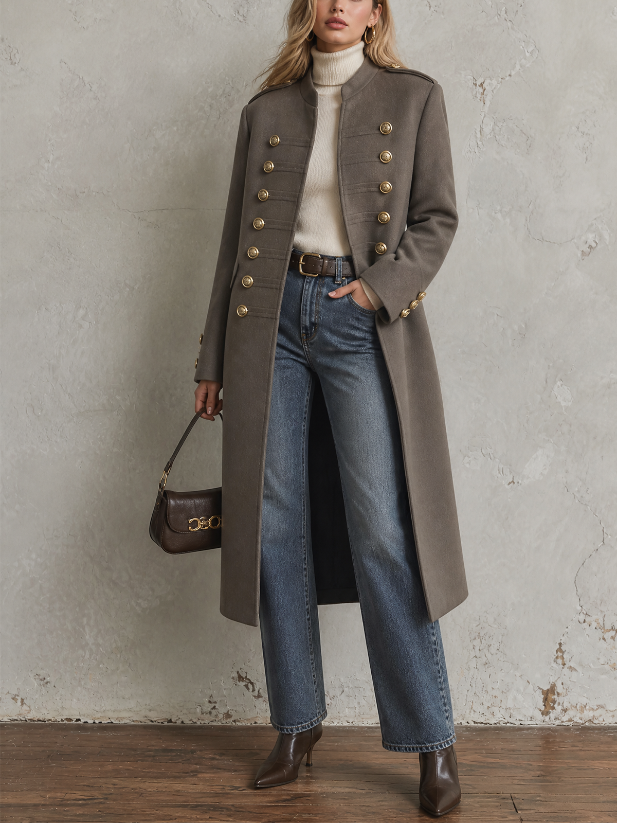 Chic Elegant Taupe Stand Collar Gold Double Breasted Long-Sleeve Military Style Loose-Fit Long Wool Blend Coat