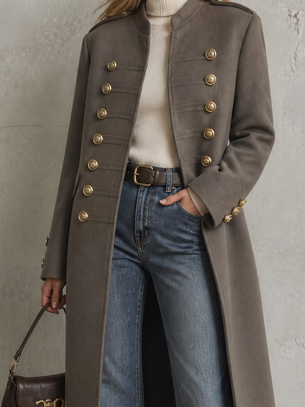 Chic Elegant Taupe Stand Collar Gold Double Breasted Long-Sleeve Military Style Loose-Fit Long Wool Blend Coat