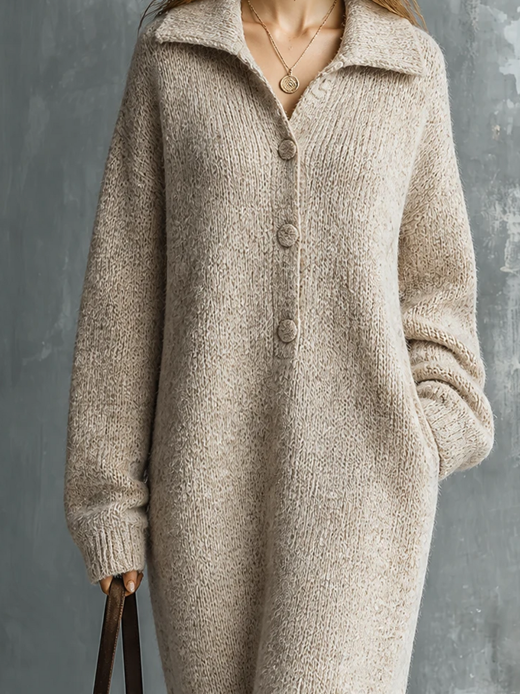 Chic Elegant Oatmeal Lapel Collar Half Button Long-Sleeve Fringe Hem Loose-Fit Knit Midi Dress