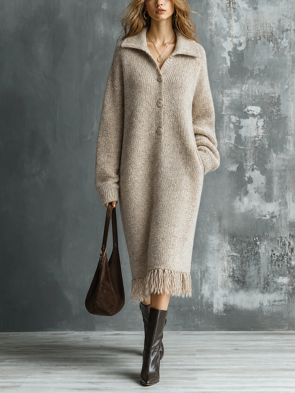 Chic Elegant Oatmeal Lapel Collar Half Button Long-Sleeve Fringe Hem Loose-Fit Knit Midi Dress