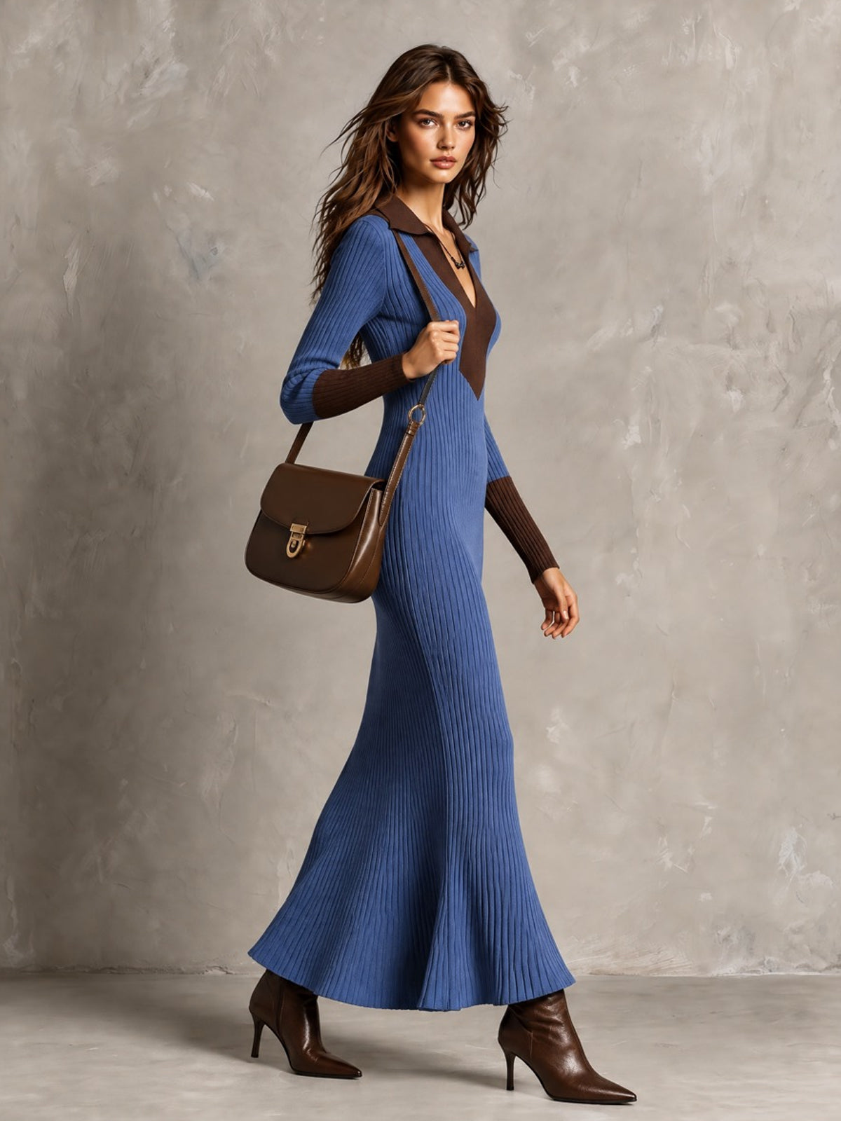 Chic Elegant Dark Blue-Coffee Colorblock Lapel V-Neck Long-Sleeve Slim-Fit Wool Blend Ribbed Knit Maxi Dress