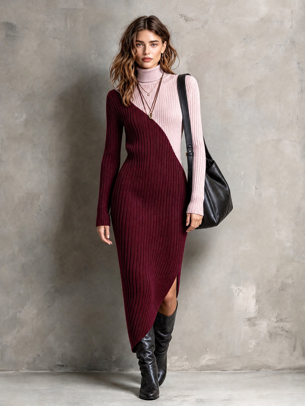 Chic Elegant Burgundy-Pink Colorblock Turtleneck Long-Sleeve Asymmetrical Hem Slim-Fit Wool Blend Ribbed Knit Maxi Dress