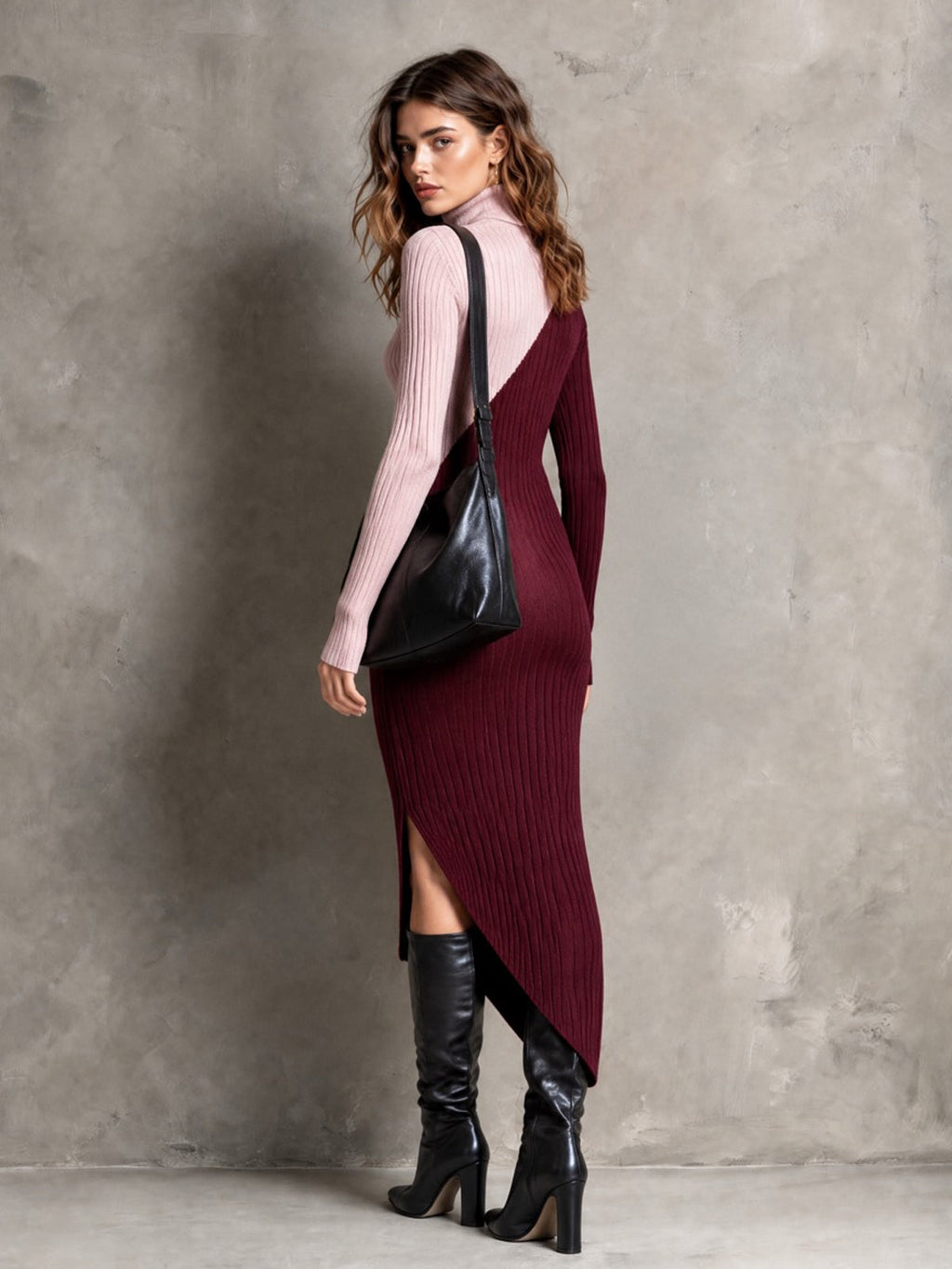 Chic Elegant Burgundy-Pink Colorblock Turtleneck Long-Sleeve Asymmetrical Hem Slim-Fit Wool Blend Ribbed Knit Maxi Dress