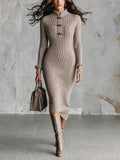 Chic Elegant Gray Stand Collar Toggle Buttons Detail Long-Sleeve Patch Pockets Slim-Fit Wool Blend Ribbed Knit Midi Dress