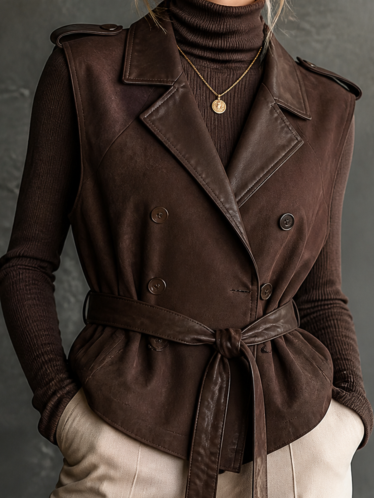 Chic Casual Brown Notched Lapel Collar Faux Leather Contrast Double Breasted Sleeveless Waist Belt Slim-Fit Suede Vest