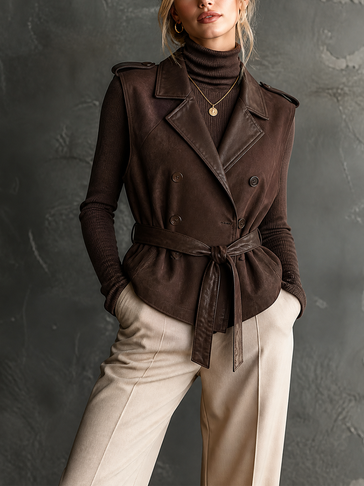 Chic Casual Brown Notched Lapel Collar Faux Leather Contrast Double Breasted Sleeveless Waist Belt Slim-Fit Suede Vest