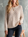 Chic Elegant Oatmeal Round Neck Dropped-Shoulder Long-Sleeve Hollow-Out Detail Loose-Fit Knit Sweater