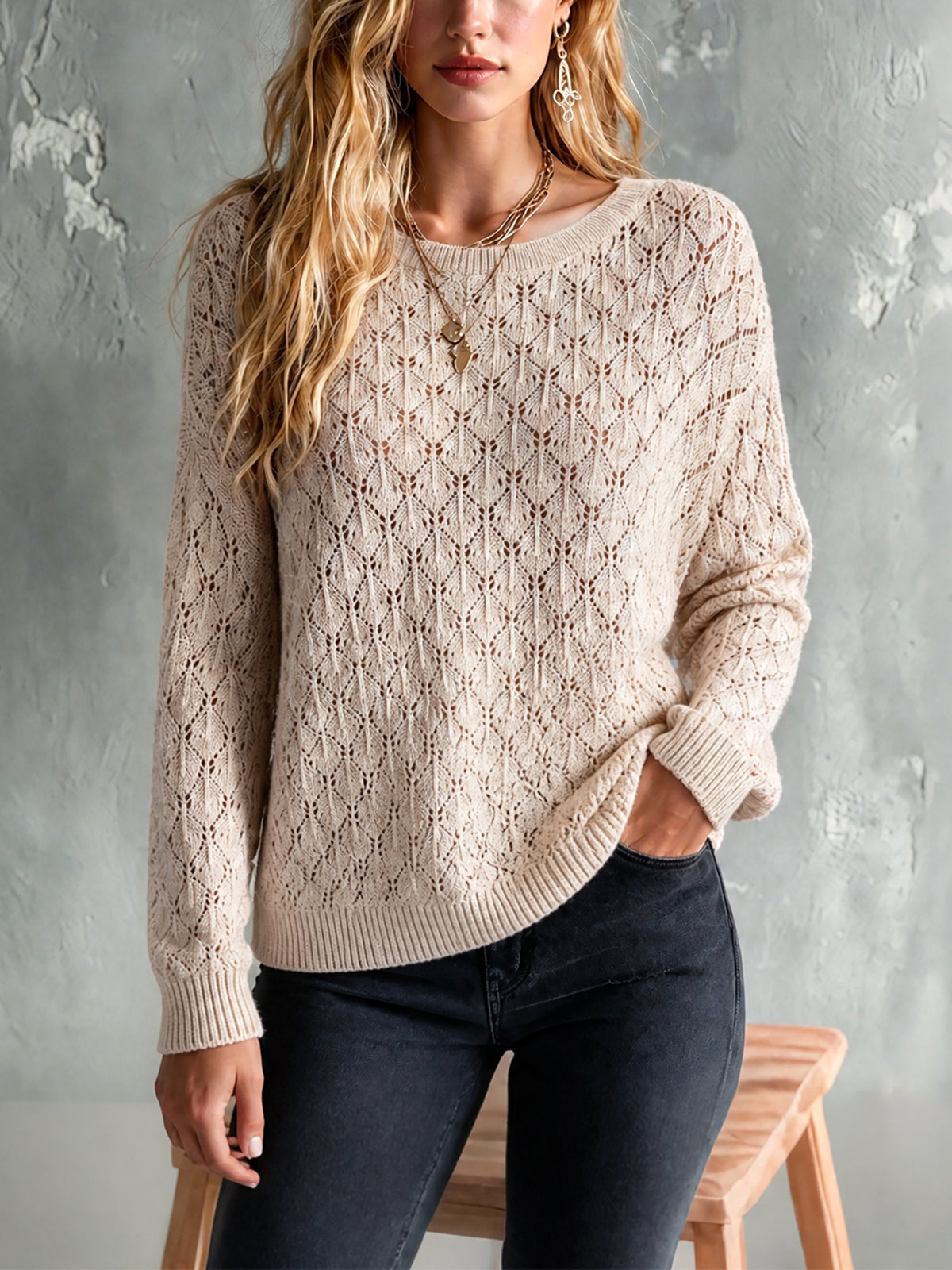 Chic Elegant Oatmeal Round Neck Dropped-Shoulder Long-Sleeve Hollow-Out Detail Loose-Fit Knit Sweater