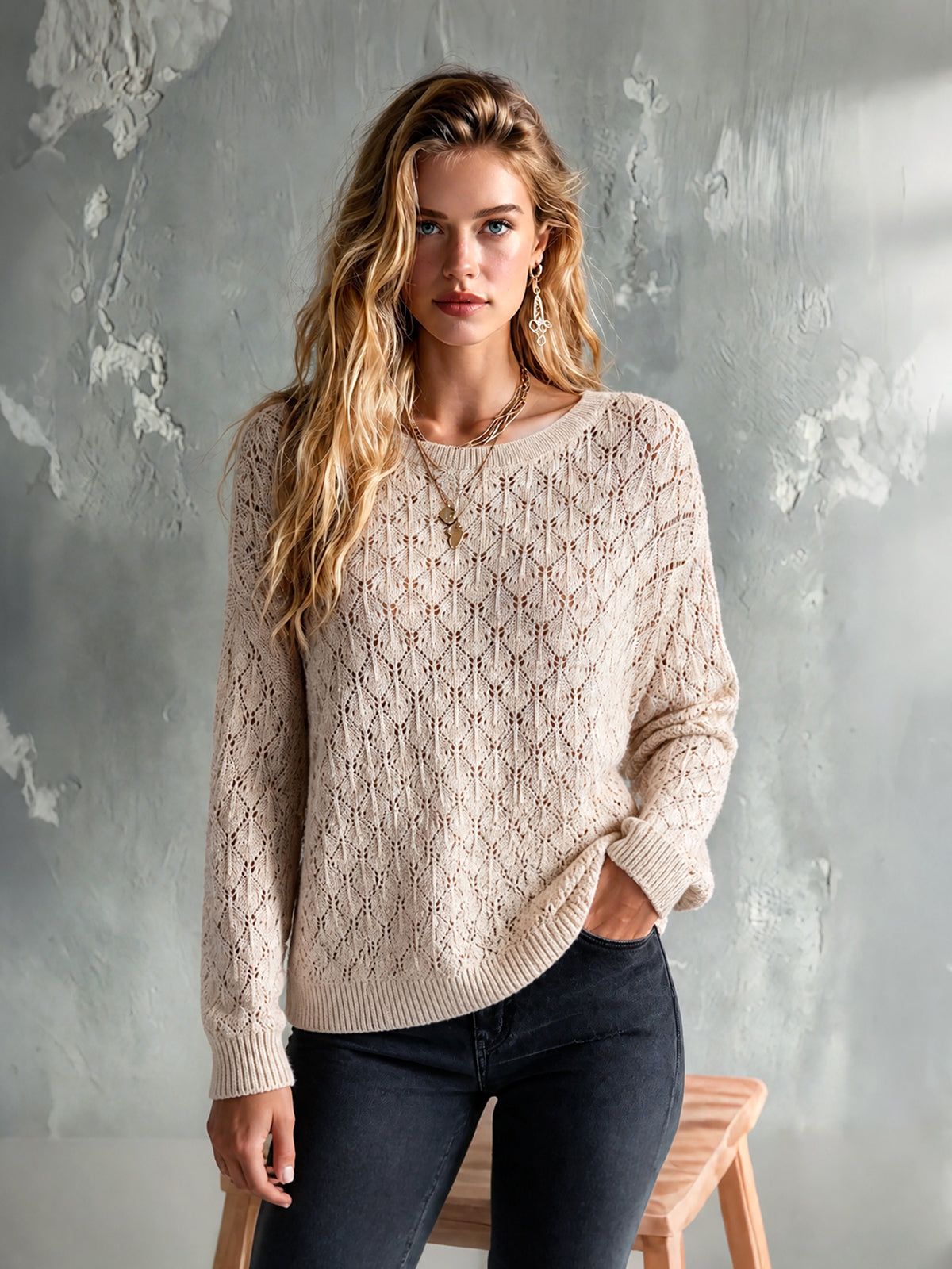 Chic Elegant Oatmeal Round Neck Dropped-Shoulder Long-Sleeve Hollow-Out Detail Loose-Fit Knit Sweater