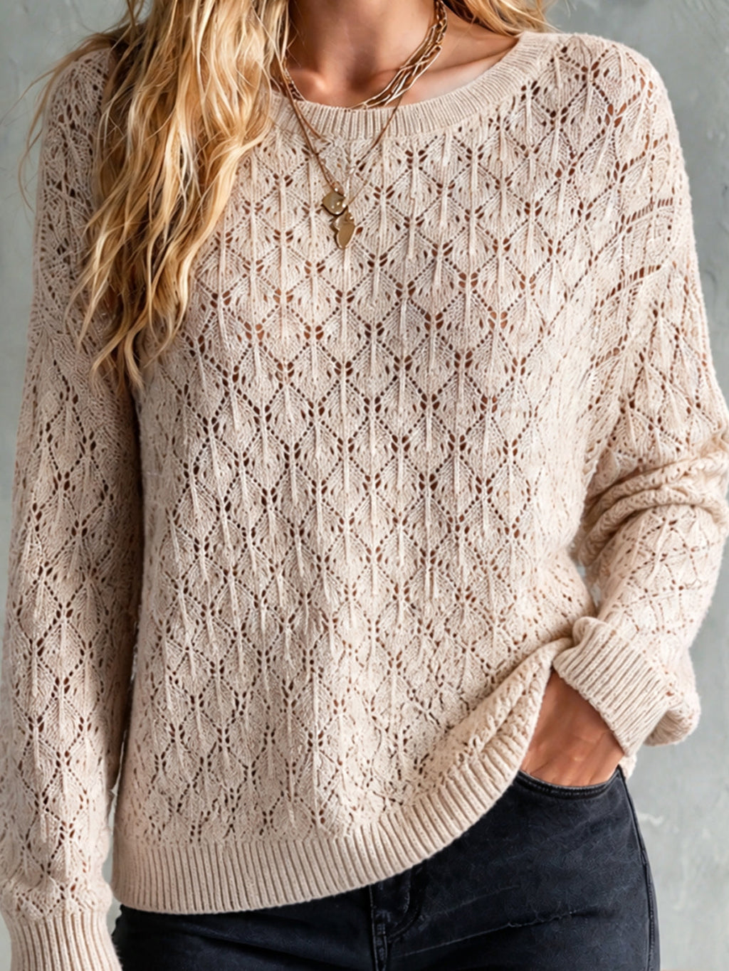 Chic Elegant Oatmeal Round Neck Dropped-Shoulder Long-Sleeve Hollow-Out Detail Loose-Fit Knit Sweater
