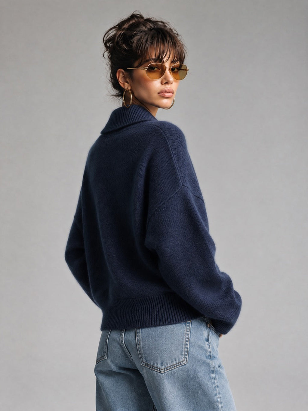 Chic Elegant Dark Blue Shawl Collar Dropped-Shoulder Long-Sleeve Loose-Fit Mohair Blend Knit Sweater