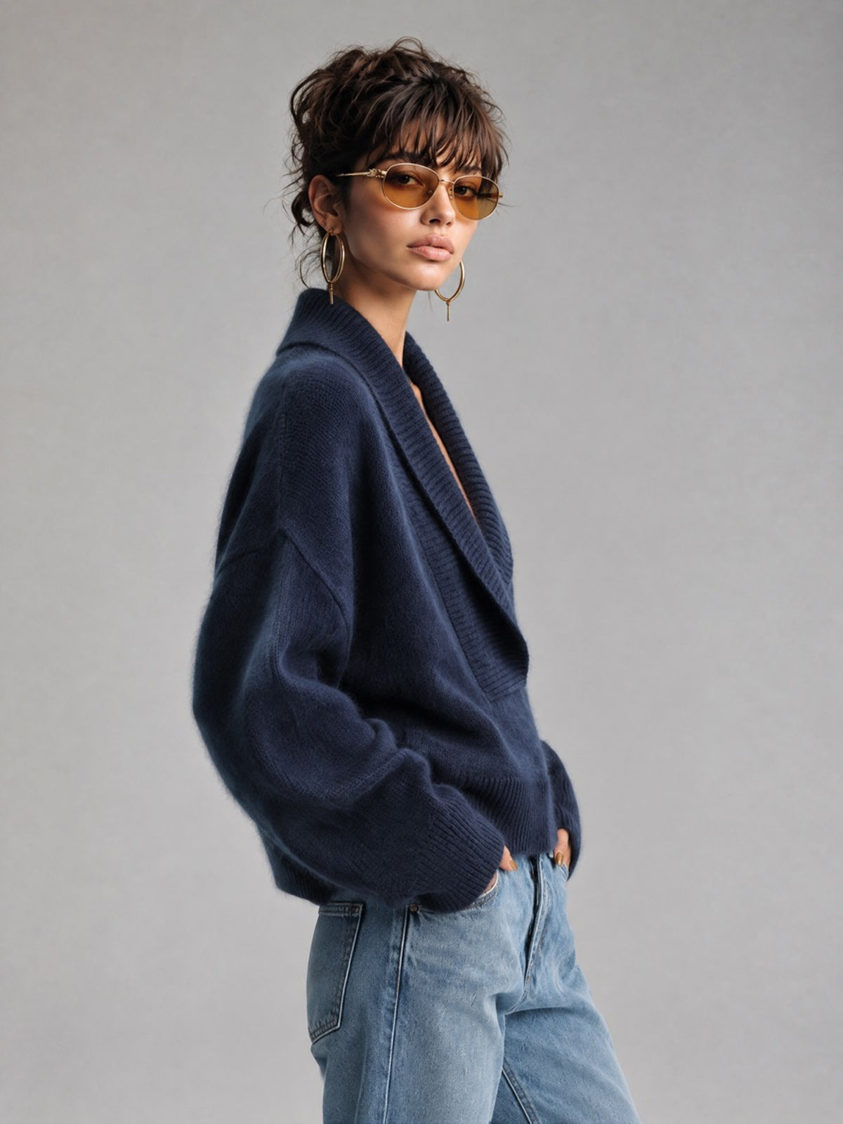 Chic Elegant Dark Blue Shawl Collar Dropped-Shoulder Long-Sleeve Loose-Fit Mohair Blend Knit Sweater