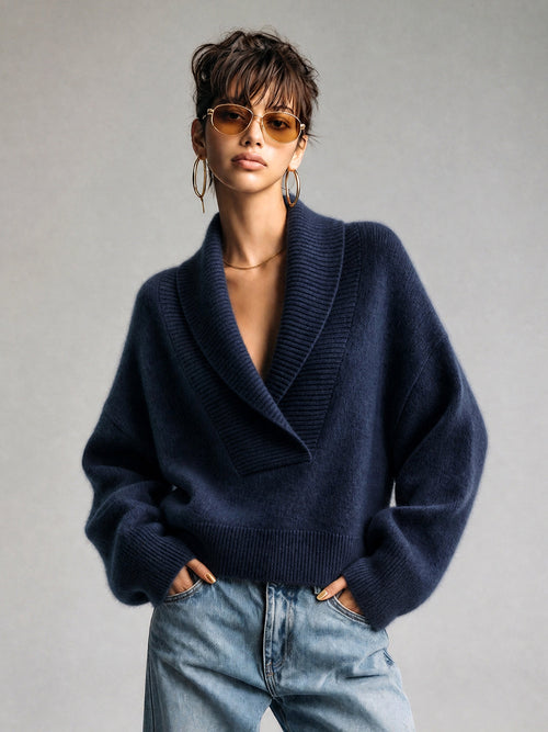 Chic Elegant Dark Blue Shawl Collar Dropped-Shoulder Long-Sleeve Loose-Fit Mohair Blend Knit Sweater