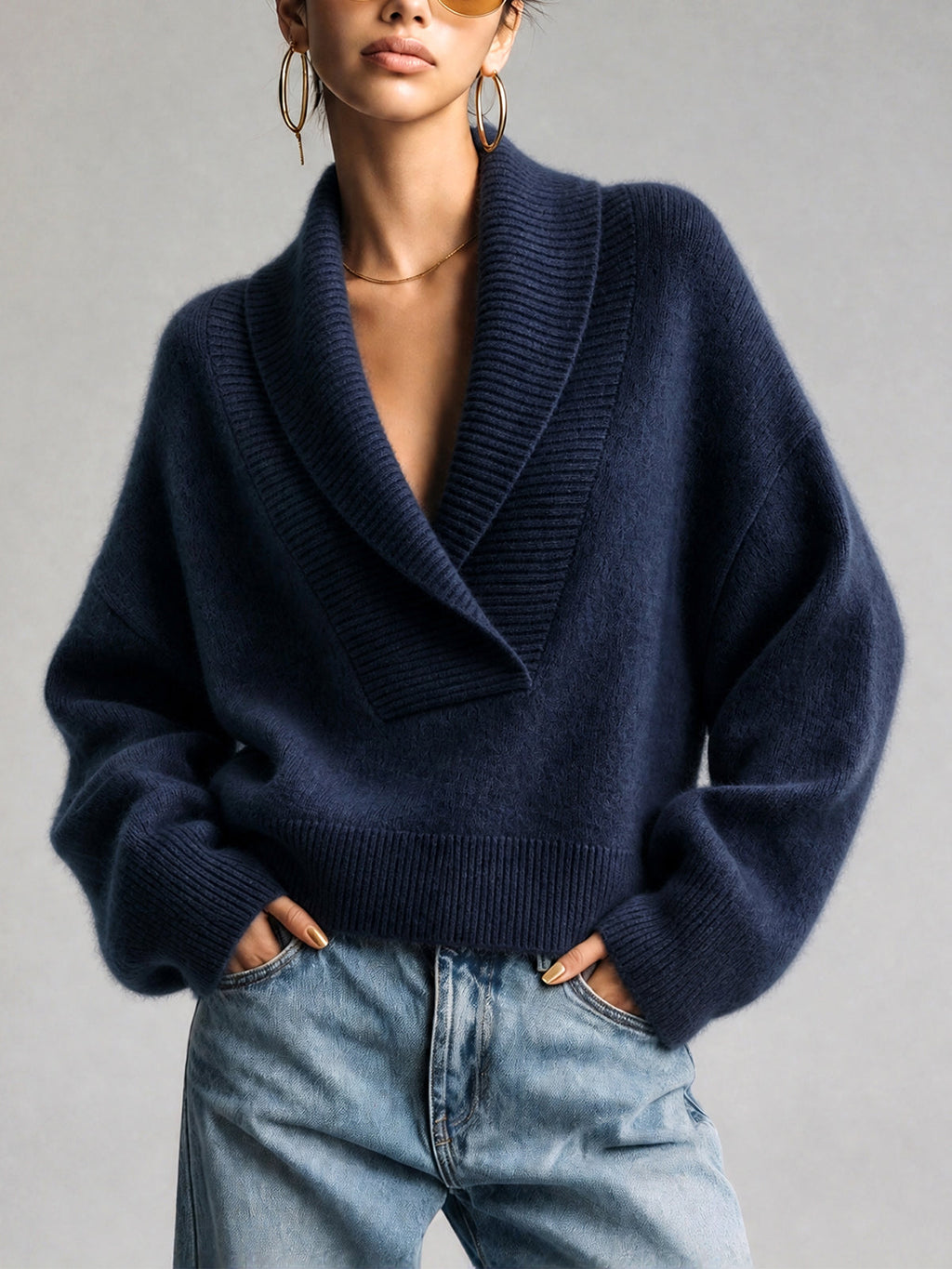 Chic Elegant Dark Blue Shawl Collar Dropped-Shoulder Long-Sleeve Loose-Fit Mohair Blend Knit Sweater
